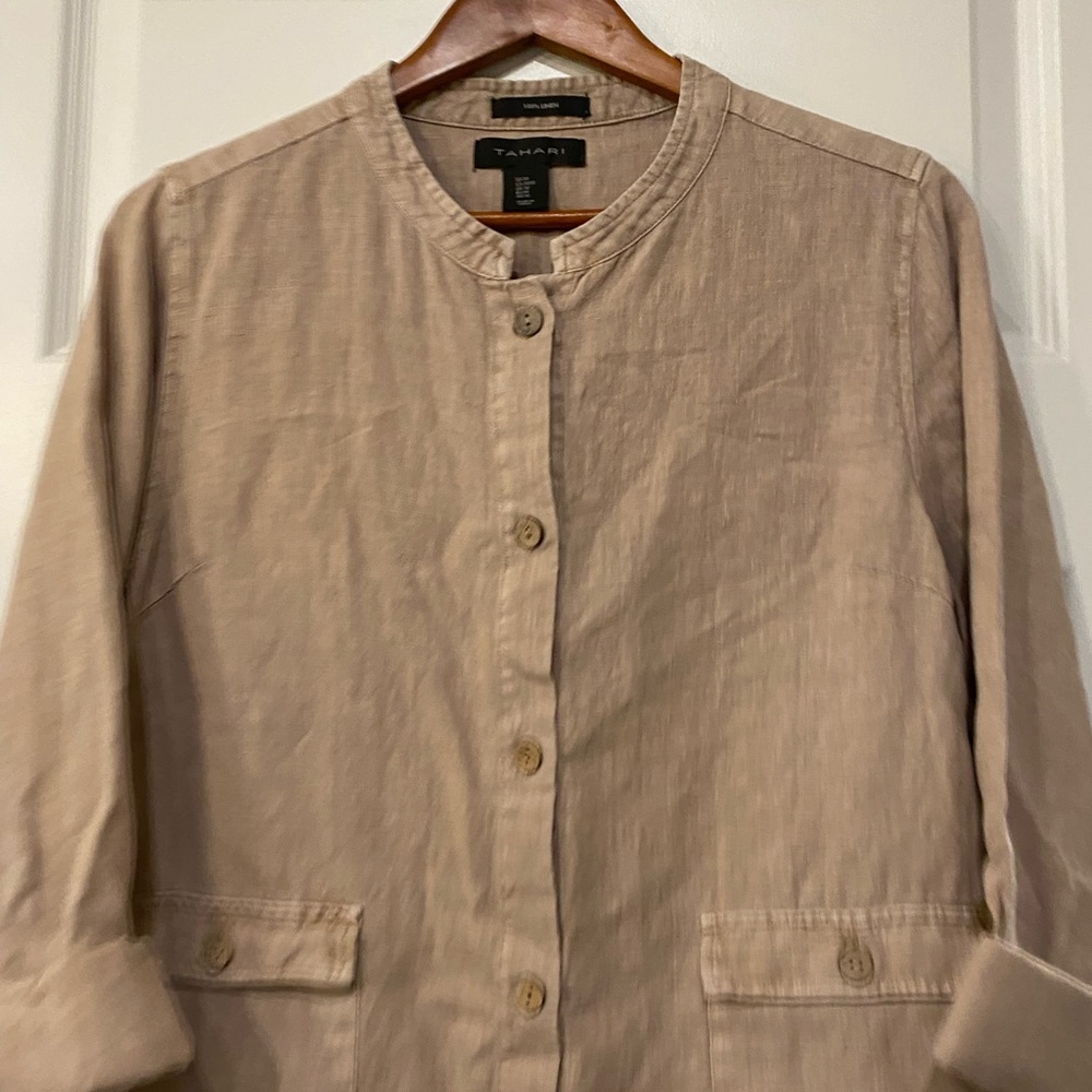TAHARI Button Up Blouse Womens Medium Khaki 100% Linen - Lagenlook Pockets ▪️